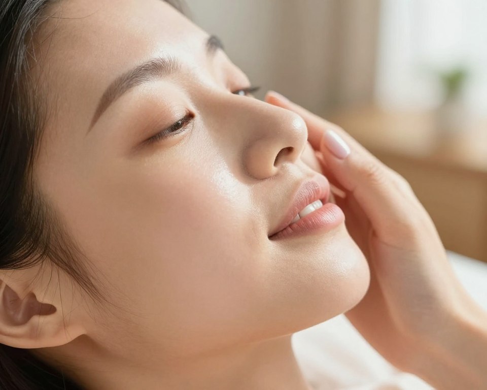 A close-up portrait of healthy, radiant skin reflecting the changes during the postpartum period. In the foreground, focus on a smooth, luminous cheek featuring a subtle glow, emphasizing soft textures and natural tones. The middle ground includes a hand gently touching the face, highlighting the nurturing aspect of motherhood, with nails painted in a soft pastel color. In the background, a softly blurred out-of-focus environment resembling a serene, cozy home setting, with warm, natural light streaming in, creating an uplifting and calm atmosphere. The image should evoke feelings of comfort and tranquility, capturing the essence of skin health during a transformative time for new mothers. Use a warm color palette to enhance the emotional warmth of the scene.
