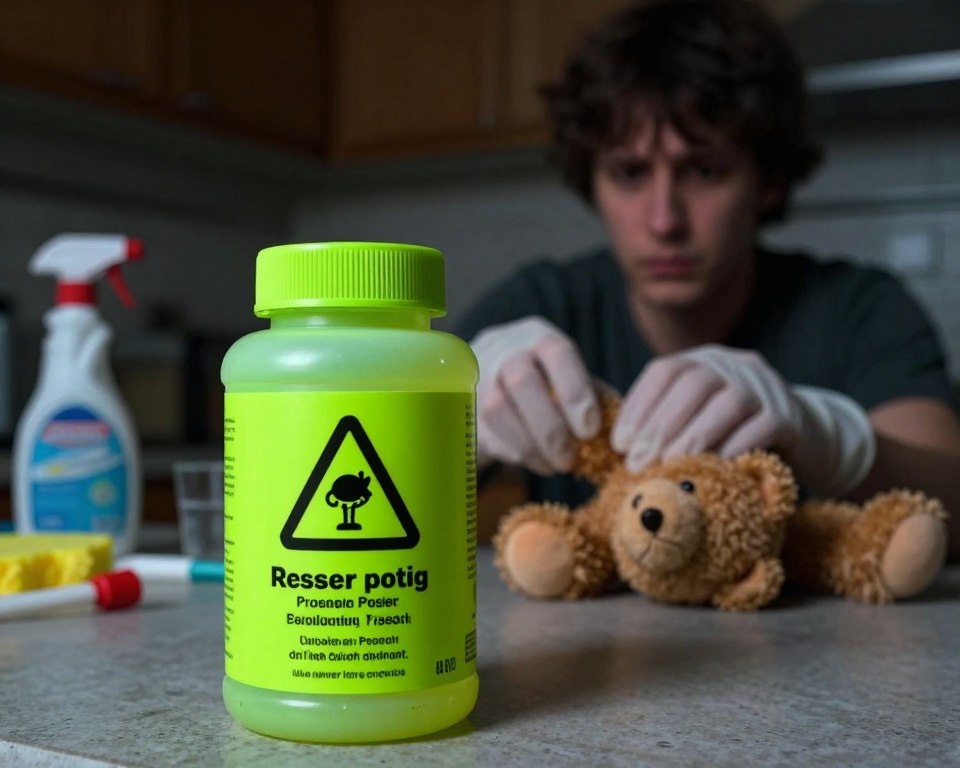 A close-up scene depicting a dangerous rat poison container, with a focus on its bright, hazardous colors like neon green and warning symbols prominently displayed on the label in the foreground. In the middle ground, a pair of gloved hands are cautiously handling the container while a child’s toy (like a teddy bear) lies innocently nearby, symbolizing unintentional exposure risks. The background features a dimly lit kitchen setting, with scattered cleaning supplies and a faint silhouette of a worried adult observing the situation. The lighting is dramatic, highlighting the stark contrast between the poison and the domestic items, creating a tense atmosphere that reflects the seriousness of accidental exposure.