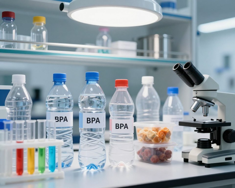 A close-up scene depicting various plastic items, including water bottles and food containers, under a bright, white laboratory light. The foreground showcases a laboratory table with a microscope and small test tubes filled with colorful liquids, symbolizing research on endocrine disruptors. In the middle, a few plastic items show clear labels indicating their chemical composition, highlighting BPA as one of the components. The background features shelves filled with safer alternatives, such as glass and stainless steel containers, creating a contrast between conventional and eco-friendly options. The atmosphere is clinical and informative, emphasizing the pursuit of innovative solutions in plastic use. The image is well-lit, with a shallow depth of field to draw attention to the foreground details, while the colors are vibrant yet professional. A close-up scene depicting various plastic items, including water bottles and food containers, under a bright, white laboratory light. The foreground showcases a laboratory table with a microscope and small test tubes filled with colorful liquids, symbolizing research on endocrine disruptors. In the middle, a few plastic items show clear labels indicating their chemical composition, highlighting BPA as one of the components. The background features shelves filled with safer alternatives, such as glass and stainless steel containers, creating a contrast between conventional and eco-friendly options. The atmosphere is clinical and informative, emphasizing the pursuit of innovative solutions in plastic use. The image is well-lit, with a shallow depth of field to draw attention to the foreground details, while the colors are vibrant yet professional.