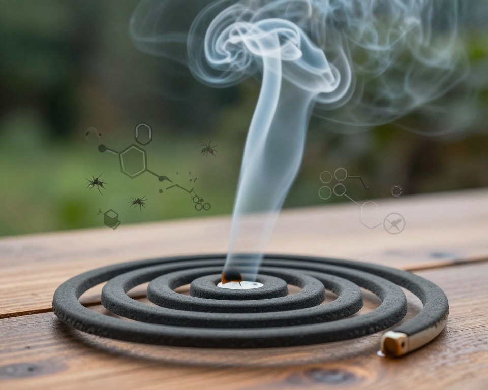 A close-up scene featuring a mosquito repellent coil burning, with a smoky trail rising towards the air, highlighting potential dangers. In the foreground, the coil is positioned prominently on a wooden table, with wisps of smoke curling around it, reflecting a sense of unease. In the middle ground, a subtle depiction of various chemical compounds or symbols representing toxicity can be faintly seen, perhaps as shadows or overlays, enhancing the theme of danger. The background is softly blurred, showcasing an outdoor setting with green foliage, where mosquitoes might thrive, but with an ominous, hazy atmosphere. The lighting is soft yet unsettling, creating a contrast between the natural environment and the potential dangers of the coil. The overall mood conveys caution and a need for awareness around mosquito coils and their composition.