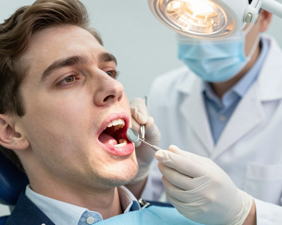 A close-up scene focused on a clean dental office setting, highlighting the gums of a model showing clear signs of gingival irritation and chemical burns. In the foreground, a detailed view of inflamed gum tissue with redness and lesions, emphasizing the contrast between healthy and irritated gums. The model, dressed in smart casual attire, is looking concerned, while a dentist in professional attire examines the condition with a dental mirror in the background, softly illuminated by an overhead light. The atmosphere is clinical and informative, conveying an educational mood. The color palette consists of soft whites and blues, enhancing the cleanliness of the dental environment, allowing the signs of irritation to stand out vividly.