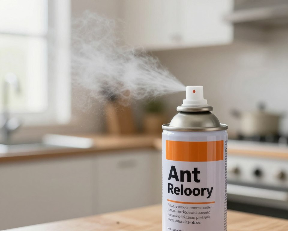 A close-up scene focusing on a can of ant spray, prominently displayed in the foreground with a semi-gloss label warning of toxicity. The spray emits a faint mist that subtly swirls in the air, hinting at its harmful nature. In the middle background, a blurred kitchen setting is visible, conveying an everyday household environment where ant problems commonly occur. The lighting is bright yet soft, suggesting daylight filtering through a window, creating a stark contrast between the welcoming kitchen and the menacing toxicity of the spray. The atmosphere is tense and slightly alarming, showcasing the invisible dangers of common household products. No text or human figures are included, emphasizing the product's risks in isolation.