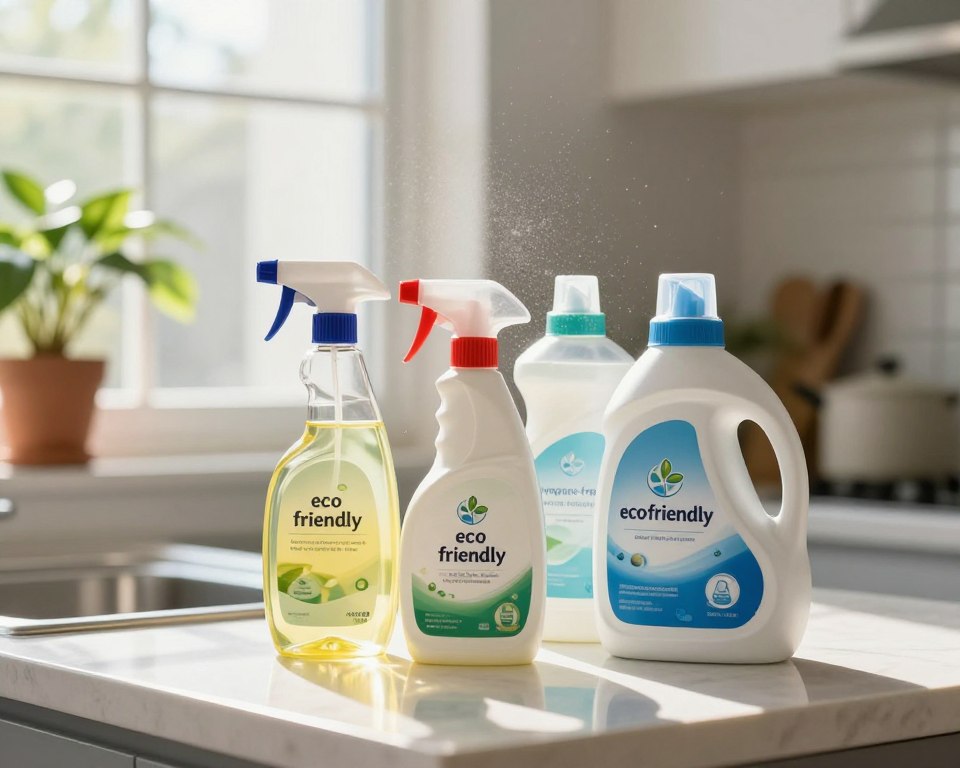A close-up scene focusing on common household allergy triggers, set in a bright, well-lit kitchen. In the foreground, showcase a variety of cleaning products labeled eco-friendly, neatly arranged on a sleek countertop. A bottle of all-purpose cleaner and a pack of laundry detergent should be prominently displayed, with ingredients like “fragrance-free” and “non-toxic” highlighted. In the middle ground, display dust particles floating in sunlight streaming through a window, symbolizing allergens. In the background, include houseplants to emphasize indoor allergens like mold and pollen. Use natural lighting to create a warm, inviting atmosphere, capturing a sense of wellness and hygiene. The angle should be slightly above eye level, focusing on the products while softly blurring the background for depth.
