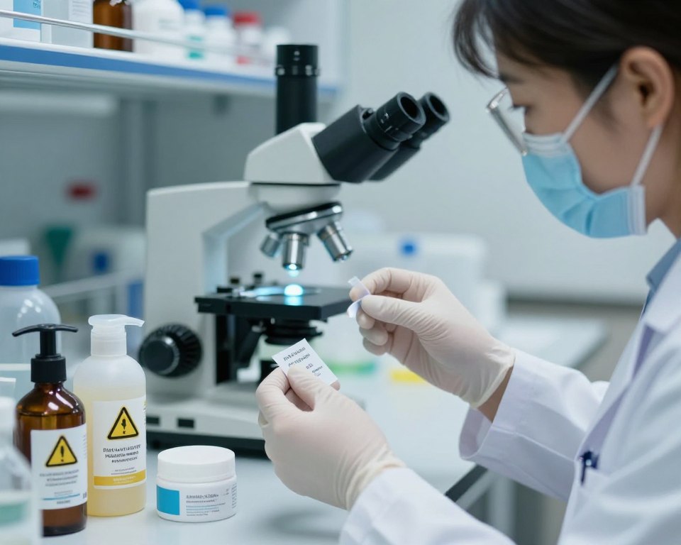 A close-up scene in a laboratory setting, highlighting a scientist in a white lab coat, expertly examining samples of cosmetics filled with formaldehyde-releasing preservatives. In the foreground, there are cosmetic products like lotions and creams labeled with warning signs, indicating potential health risks. The middle ground features a microscope and test tubes with a faint blue glow, emphasizing the scientific analysis being conducted. In the background, shelves stocked with various beauty products are slightly blurred, creating depth. Soft, cold lighting enhances the clinical atmosphere, while the focus remains sharp on the scientist and the samples, conveying a sense of urgency and concern over health implications. The image evokes an informative and serious mood, suitable for discussing potential risks of chemical exposure in cosmetics. A close-up scene in a laboratory setting, highlighting a scientist in a white lab coat, expertly examining samples of cosmetics filled with formaldehyde-releasing preservatives. In the foreground, there are cosmetic products like lotions and creams labeled with warning signs, indicating potential health risks. The middle ground features a microscope and test tubes with a faint blue glow, emphasizing the scientific analysis being conducted. In the background, shelves stocked with various beauty products are slightly blurred, creating depth. Soft, cold lighting enhances the clinical atmosphere, while the focus remains sharp on the scientist and the samples, conveying a sense of urgency and concern over health implications. The image evokes an informative and serious mood, suitable for discussing potential risks of chemical exposure in cosmetics.