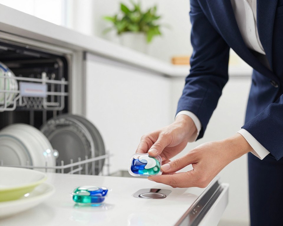 A close-up scene in a modern kitchen, featuring a professional individual in smart business attire thoughtfully examining a bright, shiny dishwasher pod on a countertop. In the foreground, the dishwasher pod is surrounded by sparkling clean dishes, glistening under natural light streaming through a window. The middle ground shows a partially open dishwasher with an open door, revealing more clean dishes inside. In the background, subtle greenery from houseplants can be seen, enhancing a fresh and clean atmosphere. The lighting is bright yet soft, creating an inviting ambiance. The mood is analytical and informative, encouraging viewers to reflect on health and safety concerns regarding household products. A close-up scene in a modern kitchen, featuring a professional individual in smart business attire thoughtfully examining a bright, shiny dishwasher pod on a countertop. In the foreground, the dishwasher pod is surrounded by sparkling clean dishes, glistening under natural light streaming through a window. The middle ground shows a partially open dishwasher with an open door, revealing more clean dishes inside. In the background, subtle greenery from houseplants can be seen, enhancing a fresh and clean atmosphere. The lighting is bright yet soft, creating an inviting ambiance. The mood is analytical and informative, encouraging viewers to reflect on health and safety concerns regarding household products.