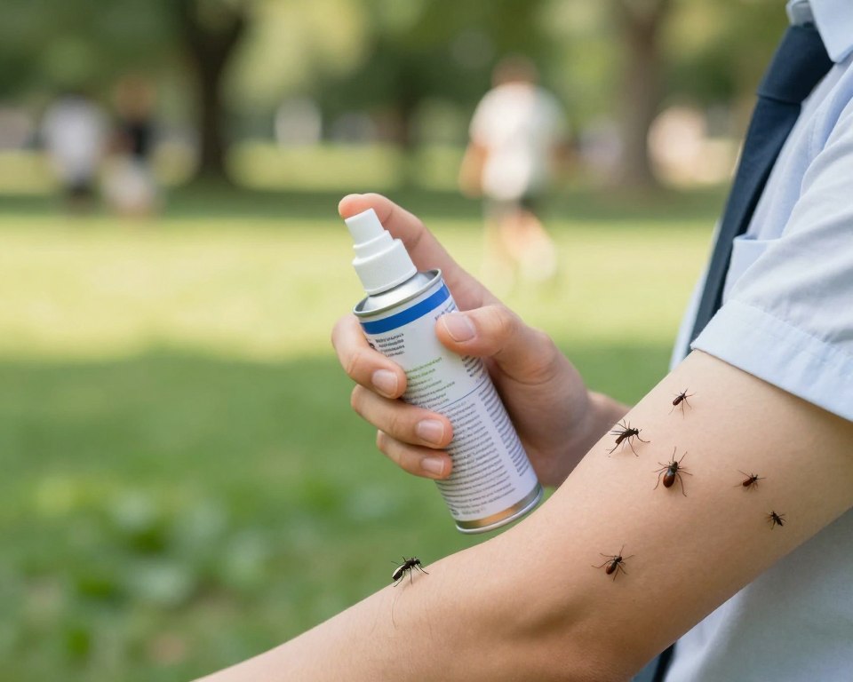 A close-up scene in a serene outdoor setting, depicting a person in professional attire applying insect repellent on their arm. The foreground features the hand holding a spray can, with a slightly blurred focus on the product label. The middle ground shows a range of colorful insects, like mosquitoes and ticks, subtly positioned around the person's arm, symbolizing potential health risks. The background is a bright, sunny park with lush greenery and blurred people enjoying nature, conveying a sense of safety yet subtly hinting at the health concerns. The lighting is soft and natural, casting gentle shadows, while the image uses a shallow depth of field to emphasize the interaction with the insect repellent. The overall mood is cautiously optimistic, encouraging awareness of health effects while enjoying the outdoors.