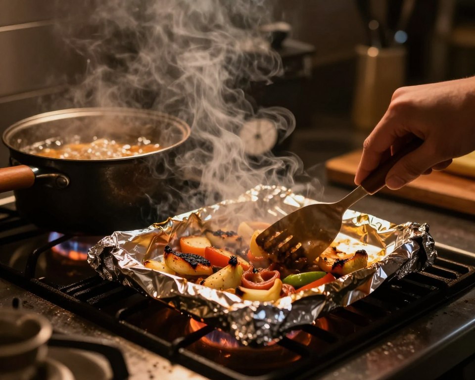 A close-up scene inside a dimly lit kitchen, highlighting a grill with aluminum foil placed carelessly over sizzling vegetables, emitting smoke and a few charred spots. In the foreground, a hand with a spatula hesitates, showcasing a sign of concern. The middle ground features a pot filled with bubbling food, its heat shimmering in the air, while the background displays an ominous shadow of a kitchen timer, representing impending danger. The overall atmosphere conveys a sense of risk and caution, illuminated by warm incandescent lighting that accentuates the glossy surface of the aluminum foil, emphasizing its potential hazards when exposed to high heat. The composition focuses on creating a tension-filled moment, urging viewers to reconsider their cooking choices.