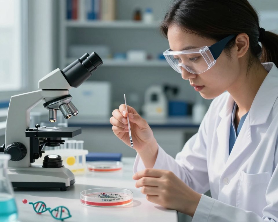 A close-up scene showing a serene laboratory setting where a female scientist, dressed in a white lab coat and safety goggles, examines a small petri dish containing microplastics under a microscope. In the foreground, the petri dish is surrounded by various reproductive health symbols like ovum and DNA strands, symbolizing fertility. In the middle, soft light filters through a window, casting gentle shadows and highlighting the intricate details of the microplastics and the scientific tools used. In the background, shelves filled with books and research materials add depth, conveying a mood of inquiry and concern. The overall atmosphere combines a sense of urgency with a hopeful exploration of solutions, capturing the impact of plastic pollution on female reproductive function.