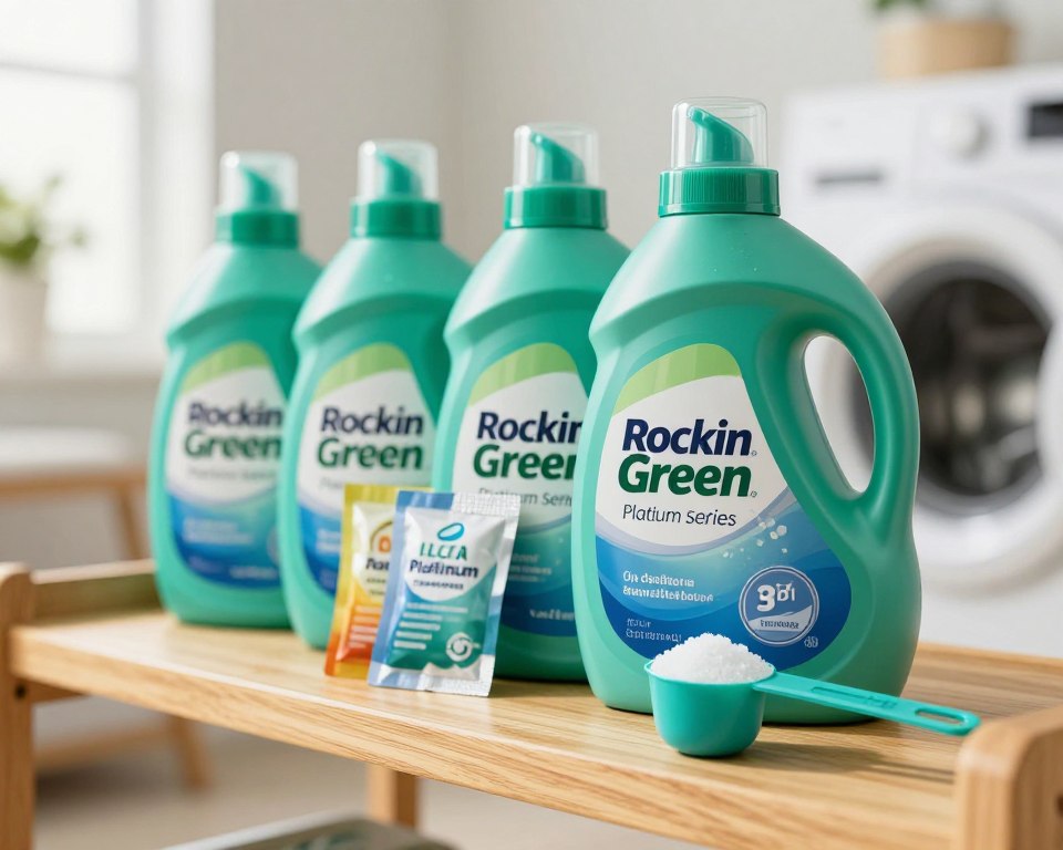 A close-up shot of Rockin Green Platinum Series laundry detergent bottles arranged neatly on a wooden shelf, showcasing their vibrant packaging in green and blue hues. In the foreground, include a measuring scoop filled with the detergent, highlighting the dosage amount. The middle ground features a few enzyme booster packets in assorted colors, emphasizing their eco-friendly design. The background is softly blurred, depicting a cozy laundry room with sunlight streaming through a window, creating a warm and inviting atmosphere. Use natural lighting to enhance the colors and textures of the product, while maintaining a clean and professional look. The overall mood should evoke a sense of cleanliness and safety, ideal for environmentally conscious consumers. A close-up shot of Rockin Green Platinum Series laundry detergent bottles arranged neatly on a wooden shelf, showcasing their vibrant packaging in green and blue hues. In the foreground, include a measuring scoop filled with the detergent, highlighting the dosage amount. The middle ground features a few enzyme booster packets in assorted colors, emphasizing their eco-friendly design. The background is softly blurred, depicting a cozy laundry room with sunlight streaming through a window, creating a warm and inviting atmosphere. Use natural lighting to enhance the colors and textures of the product, while maintaining a clean and professional look. The overall mood should evoke a sense of cleanliness and safety, ideal for environmentally conscious consumers.