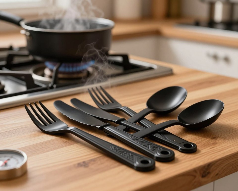 A close-up shot of a set of black plastic utensils, including forks, knives, and spoons, displayed on a wooden table. The utensils should be prominently in the foreground, highlighting their glossy surface and intricate designs. In the middle ground, a small kitchen stove can be seen with a pot simmering, emitting gentle steam, emphasizing heat exposure. The background features a warm kitchen ambiance with soft, diffused lighting for a cozy atmosphere. A temperature gauge subtly hints at high heat affecting the utensils, while a slight haze suggests the potential risk of melting or releasing harmful substances. The overall mood should evoke caution and awareness regarding the stability of plastic under heat.