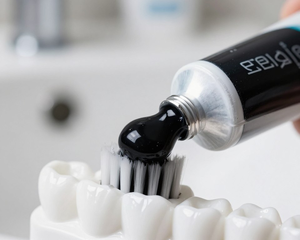 A close-up shot of a tube of activated charcoal toothpaste, prominently displayed in the foreground. The toothpaste is a rich black color, oozing slightly from the tube, showcasing its creamy texture. Surrounding the tube are a set of pristine white teeth, reflecting healthy enamel and glistening under soft, diffused lighting. In the background, a sink with a sleek, modern design hints at a bathroom setting, subtly blurred to emphasize the focus on the toothpaste and teeth. The atmosphere is clean and fresh, evoking a sense of dental hygiene and safety. The angle is slightly tilted downward to capture both the toothpaste and the teeth simultaneously, creating a dynamic composition that invites curiosity about the product's effect on enamel. A close-up shot of a tube of activated charcoal toothpaste, prominently displayed in the foreground. The toothpaste is a rich black color, oozing slightly from the tube, showcasing its creamy texture. Surrounding the tube are a set of pristine white teeth, reflecting healthy enamel and glistening under soft, diffused lighting. In the background, a sink with a sleek, modern design hints at a bathroom setting, subtly blurred to emphasize the focus on the toothpaste and teeth. The atmosphere is clean and fresh, evoking a sense of dental hygiene and safety. The angle is slightly tilted downward to capture both the toothpaste and the teeth simultaneously, creating a dynamic composition that invites curiosity about the product's effect on enamel.