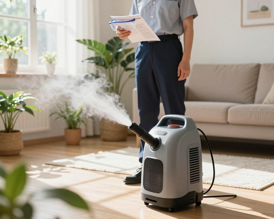 A close-up shot of an indoor insect fogger safely operating in a living room setting. In the foreground, the fogger emits a fine mist, surrounded by fresh houseplants, symbolizing a safe and healthy home environment. In the middle ground, a person dressed in professional attire stands confidently beside the fogger, holding safety goggles and a manual, showcasing proper usage. The background features a well-lit living room, with natural sunlight streaming through a window, creating a warm and inviting atmosphere. Soft shadows play across the floor, indicating a well-maintained space. The overall mood conveys a sense of professionalism and safety in pest control methods. Ideal lighting captures the clarity of the fog and the serene home surroundings.