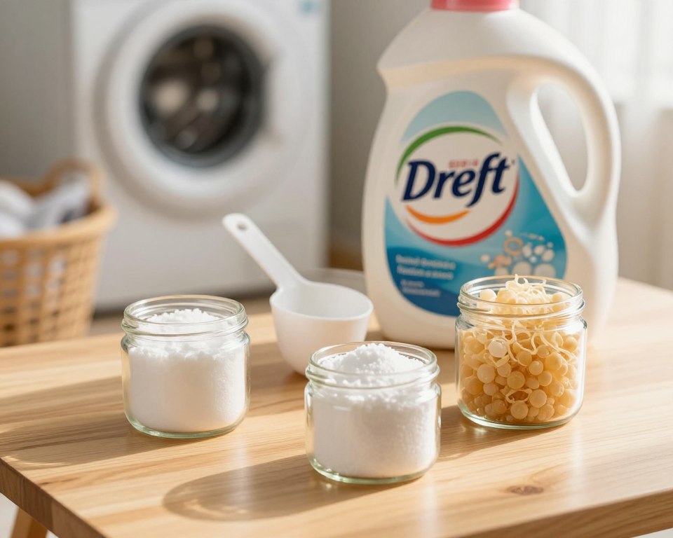 A close-up shot of laundry detergent ingredients displayed on a light wooden table. In the foreground, individual components like biodegradable surfactants, sodium bicarbonate, and natural enzymes are showcased in small glass jars, emphasizing their natural qualities and textures. The middle layer features a measuring scoop and a bottle of Dreft laundry detergent, partially in focus to imply its association with the ingredients. In the background, soft-focus washing machine and laundry baskets hint at the product’s practical use. The lighting is warm and inviting, creating a cozy, homey atmosphere, as sunlight gently illuminates the scene from the right, casting soft shadows that add depth. Use a shallow depth of field to keep the focus on the ingredients while creating a serene ambiance.