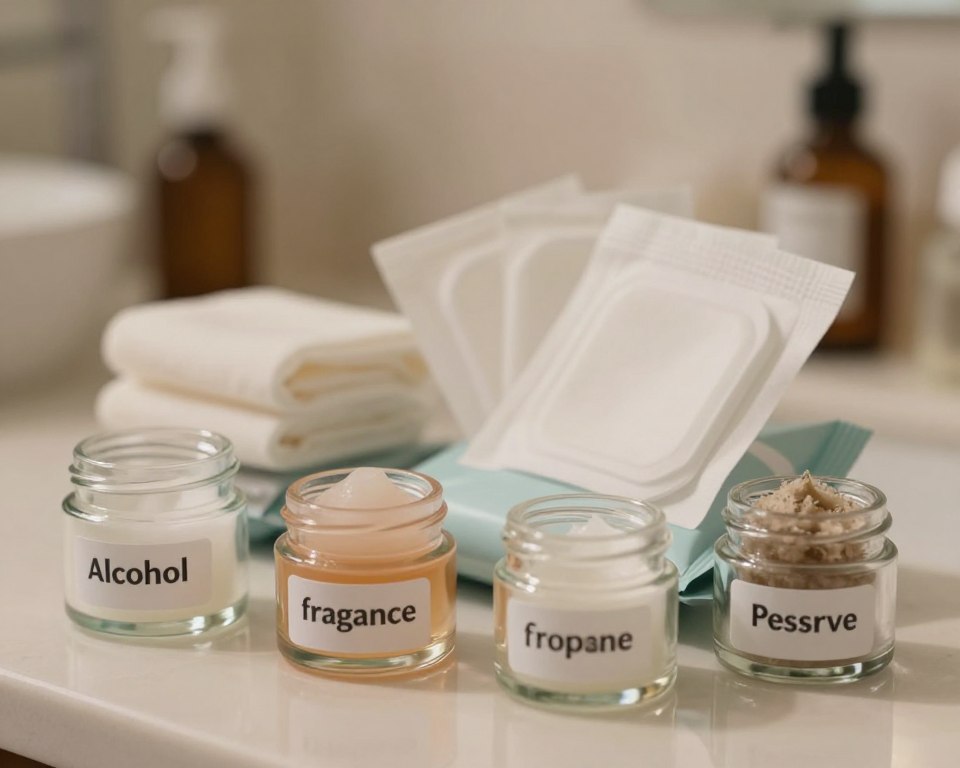 A close-up still life arrangement featuring common ingredients found in makeup remover wipes that may cause skin irritation. In the foreground, display small glass jars labeled with ingredients such as alcohol, fragrance, and preservatives, each containing a representative sample. The middle ground should showcase a variety of soft, textured makeup remover wipes, partially fanned out, to illustrate their use. The background should be a softly blurred bathroom setting with gentle, warm lighting, mimicking a calming skincare routine atmosphere. The overall mood is informative and soothing, emphasizing the importance of understanding skincare ingredients. Use a shallow depth of field to focus on the ingredients while keeping the background subtly present.
