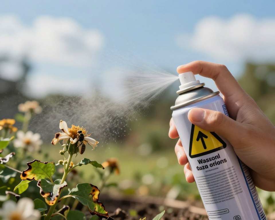 A close-up view depicting the risks of using wasp spray, showcasing a hazardous environment. In the foreground, a hand holding a can of wasp spray, the label showing warning symbols, with droplets of spray in motion. The middle ground features a small garden with wilting flowers and green leaves displaying signs of chemical burn, hinting at environmental impact. In the background, a serene but ominous outdoor scene with a bright blue sky contrasting with hazy clouds to suggest toxicity. Soft, warm lighting casts a cautionary atmosphere. Minimalist focus with a shallow depth of field, emphasizing the spray can, while the blurred garden conveys the danger lurking beneath the surface, creating a sense of unease about outdoor safety.
