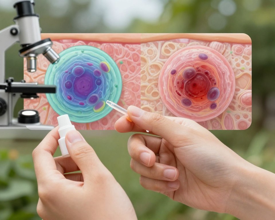 A close-up view illustrating the potential long-term health effects of chronic insect repellent exposure. In the foreground, a pair of hands applying repellent, showcasing clarity and detail on the skin to highlight possible absorption. The middle ground features a split panel; one side depicts a healthy skin cell under a microscope with vibrant colors, while the other side displays a stressed cell demonstrating damage or changes, with a slight haze over it. In the background, a subtle outdoor setting with greenery, suggesting exposure to nature. Soft, natural lighting illuminates the scene, creating a balanced atmosphere of caution and awareness, while using a shallow depth of field to focus attention on the subject without distractions. The overall mood is informative and serious, emphasizing the importance of understanding health effects.