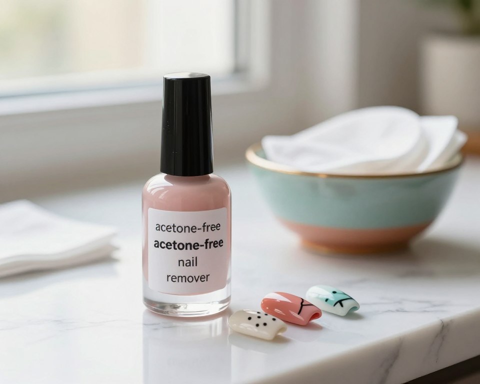 A close-up view of a bottle labeled "acetone-free nail polish remover" sitting on a pristine marble countertop. The bottle is elegantly designed, with a sleek, modern shape, exuding a sense of safety and gentleness. In the foreground, there are vibrant, freshly painted nails showcasing various nail art designs, emphasizing the product's effectiveness. The middle ground features a soft-focus image of a small, colorful bowl filled with cotton pads, ready for use. The background is softly blurred with natural light filtering in through a window, creating a warm, serene atmosphere. The overall mood is inviting and calm, suggesting a safer alternative to traditional nail polish removers. A close-up view of a bottle labeled "acetone-free nail polish remover" sitting on a pristine marble countertop. The bottle is elegantly designed, with a sleek, modern shape, exuding a sense of safety and gentleness. In the foreground, there are vibrant, freshly painted nails showcasing various nail art designs, emphasizing the product's effectiveness. The middle ground features a soft-focus image of a small, colorful bowl filled with cotton pads, ready for use. The background is softly blurred with natural light filtering in through a window, creating a warm, serene atmosphere. The overall mood is inviting and calm, suggesting a safer alternative to traditional nail polish removers.