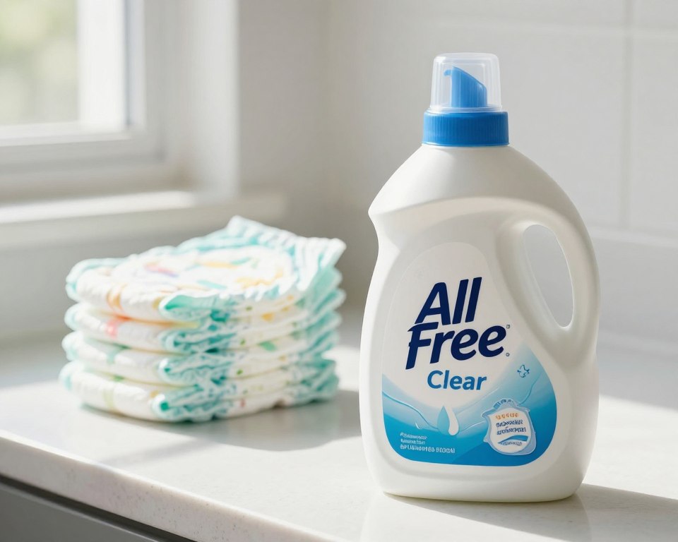 A close-up view of a bottle of All Free Clear Liquid Detergent, elegantly displayed on a clean, light-colored countertop. The detergent bottle is prominently featured in the foreground, showcasing its sleek design and labeling that emphasizes its hypoallergenic properties. In the middle ground, a soft-focus background features freshly laundered cloth diapers, neatly stacked and radiating cleanliness. Natural daylight filters in from a nearby window, casting gentle shadows and highlighting the fresh, vibrant colors of the diapers. Use a shallow depth of field to create an inviting and serene atmosphere, emphasizing safety and cleanliness in laundry care. The overall mood is calm and professional, perfect for illustrating the importance of using safe detergent options. A close-up view of a bottle of All Free Clear Liquid Detergent, elegantly displayed on a clean, light-colored countertop. The detergent bottle is prominently featured in the foreground, showcasing its sleek design and labeling that emphasizes its hypoallergenic properties. In the middle ground, a soft-focus background features freshly laundered cloth diapers, neatly stacked and radiating cleanliness. Natural daylight filters in from a nearby window, casting gentle shadows and highlighting the fresh, vibrant colors of the diapers. Use a shallow depth of field to create an inviting and serene atmosphere, emphasizing safety and cleanliness in laundry care. The overall mood is calm and professional, perfect for illustrating the importance of using safe detergent options.
