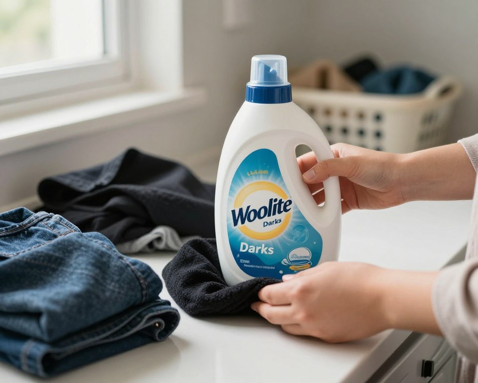 A close-up view of a bottle of Woolite Darks detergent on a bright, clean laundry room countertop, surrounded by dark fabrics like denim and black clothing. The scene is illuminated with soft, natural lighting coming through a nearby window, creating a warm and inviting atmosphere. In the background, subtle glimpses of family laundry baskets peek through, hinting at a busy household. A pair of clean hands in modest casual clothing reaches towards the product to demonstrate care and caution. The angle captures the texture of the fabrics while emphasizing the importance of the topic, with a focus on safety and dermatological concerns. The overall mood is one of reassurance and responsibility, inviting viewers to contemplate the subject of skin safety and laundry care. A close-up view of a bottle of Woolite Darks detergent on a bright, clean laundry room countertop, surrounded by dark fabrics like denim and black clothing. The scene is illuminated with soft, natural lighting coming through a nearby window, creating a warm and inviting atmosphere. In the background, subtle glimpses of family laundry baskets peek through, hinting at a busy household. A pair of clean hands in modest casual clothing reaches towards the product to demonstrate care and caution. The angle captures the texture of the fabrics while emphasizing the importance of the topic, with a focus on safety and dermatological concerns. The overall mood is one of reassurance and responsibility, inviting viewers to contemplate the subject of skin safety and laundry care.