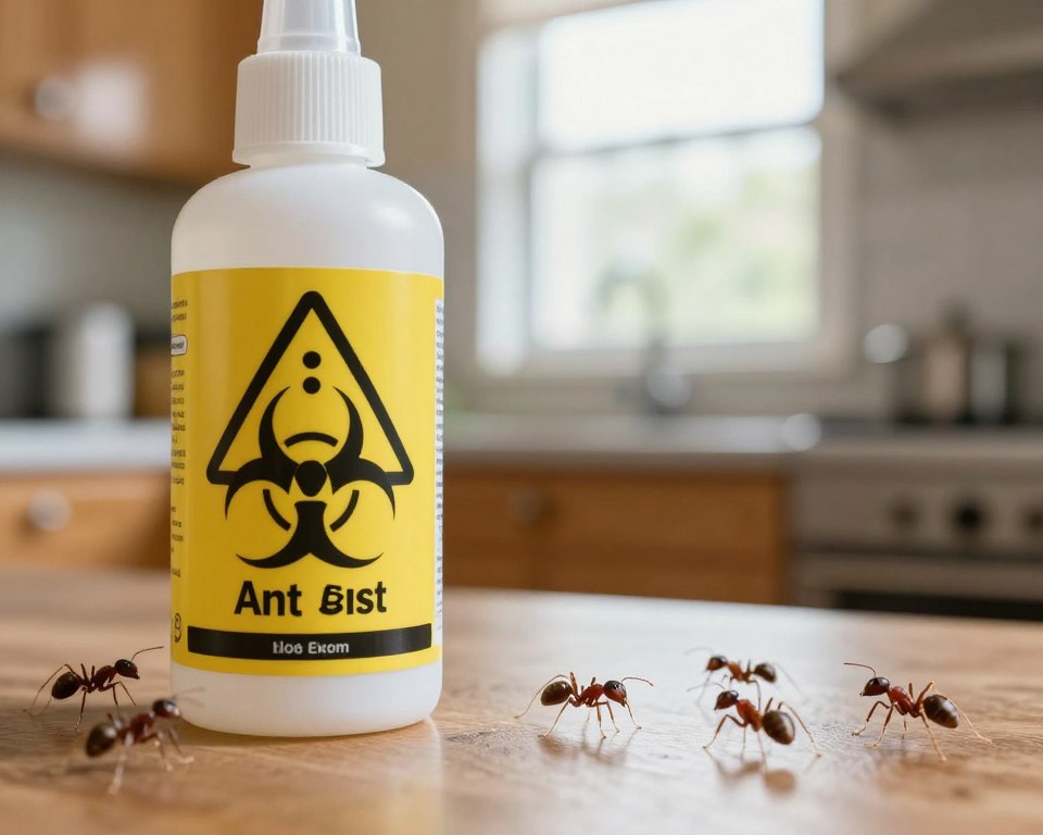 A close-up view of a bottle of ant killer prominently displayed in the foreground, featuring bright warning labels and a hazardous symbol, emphasizing its toxic nature. In the middle ground, a few ants are depicted curiously exploring the area around the bottle, highlighting the product's intended purpose. In the background, a blurred kitchen setting softly illuminated by natural light coming through a window, creating a contrast between the domestic environment and the danger of the ant killer. The mood is subtly tense, inviting curiosity and caution. Use a shallow depth of field to focus clearly on the ant killer while keeping the background soft and slightly out of focus, enhancing the foreground subject's impact. A close-up view of a bottle of ant killer prominently displayed in the foreground, featuring bright warning labels and a hazardous symbol, emphasizing its toxic nature. In the middle ground, a few ants are depicted curiously exploring the area around the bottle, highlighting the product's intended purpose. In the background, a blurred kitchen setting softly illuminated by natural light coming through a window, creating a contrast between the domestic environment and the danger of the ant killer. The mood is subtly tense, inviting curiosity and caution. Use a shallow depth of field to focus clearly on the ant killer while keeping the background soft and slightly out of focus, enhancing the foreground subject's impact.