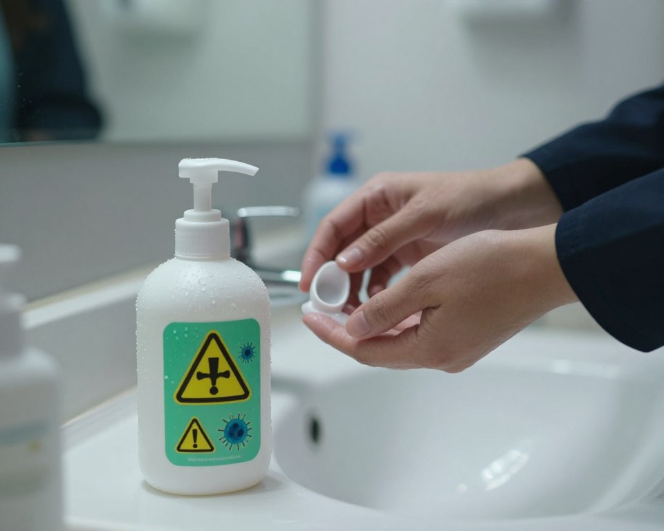 A close-up view of a bottle of antibacterial soap on a bathroom sink, surrounded by a few medical warning symbols and images of bacteria. In the foreground, the soap bottle is prominently displayed, with condensation on the label suggesting freshness. In the middle ground, a pair of hands in professional business attire is hesitantly reaching for the soap, showcasing a cautious approach. The background features a mirror reflecting a blurred, sterile bathroom environment, enhancing the clinical feel. Soft, overhead lighting creates a sterile, slightly ominous atmosphere, foreshadowing the potential risks associated with overusing antibacterial products. The mood is contemplative and serious, subtly hinting at the consequences of misuse without being alarming. A close-up view of a bottle of antibacterial soap on a bathroom sink, surrounded by a few medical warning symbols and images of bacteria. In the foreground, the soap bottle is prominently displayed, with condensation on the label suggesting freshness. In the middle ground, a pair of hands in professional business attire is hesitantly reaching for the soap, showcasing a cautious approach. The background features a mirror reflecting a blurred, sterile bathroom environment, enhancing the clinical feel. Soft, overhead lighting creates a sterile, slightly ominous atmosphere, foreshadowing the potential risks associated with overusing antibacterial products. The mood is contemplative and serious, subtly hinting at the consequences of misuse without being alarming.