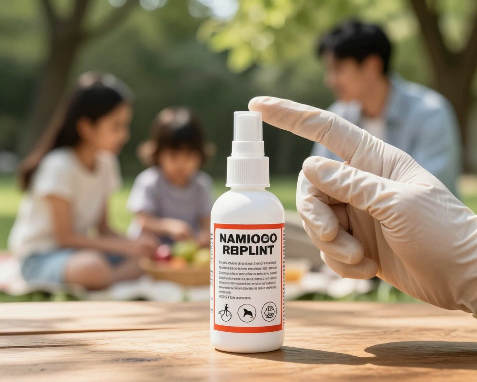 A close-up view of a bottle of mosquito repellent spray, placed on a wooden table, with a blurred background showing a family outdoors, engaging in a picnic. The repellent bottle should feature warning labels highlighting health risks, and small illustrations indicating potential side effects. Natural lighting filters through the leaves of trees, casting dappled shadows on the table. In the foreground, a hand wearing a latex glove is holding the spray, emphasizing caution and safety. The mood is informative and slightly alarming, conveying concerns about health risks while portraying a family more focused on enjoying their day outdoors. The composition should be sharp, with a shallow depth of field for a professional and clear focus on the repellent. A close-up view of a bottle of mosquito repellent spray, placed on a wooden table, with a blurred background showing a family outdoors, engaging in a picnic. The repellent bottle should feature warning labels highlighting health risks, and small illustrations indicating potential side effects. Natural lighting filters through the leaves of trees, casting dappled shadows on the table. In the foreground, a hand wearing a latex glove is holding the spray, emphasizing caution and safety. The mood is informative and slightly alarming, conveying concerns about health risks while portraying a family more focused on enjoying their day outdoors. The composition should be sharp, with a shallow depth of field for a professional and clear focus on the repellent.