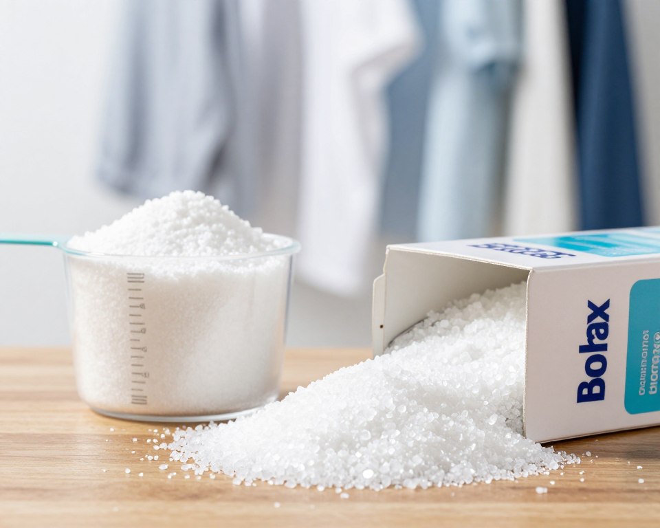 A close-up view of a box of borax laundry booster, prominently displayed in the foreground with a clean, white background to emphasize its crystalline texture. The box is partially opened, revealing shiny, white borax crystals spilling out onto a polished wooden surface. In the middle ground, a measuring cup filled with borax sits next to the box, with soft light illuminating the crystals, showcasing their pureness and highlighting the safe, natural aspect of the product. In the background, blurred laundry items like whites and colors hang neatly, enhancing the context of laundry use. The lighting is bright and airy, evoking a sense of cleanliness and freshness, while the composition is balanced to draw attention to the borax as an essential laundry additive.