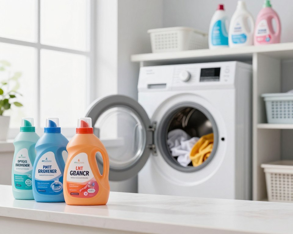 A close-up view of a bright, clean laundry room filled with natural light pouring through a large window. In the foreground, prominently display a countertop with various colorful bottles of laundry detergent, labeled clearly to indicate their optical brightener content. The middle ground features a washing machine open, showcasing fresh, vibrant white and colorful clothing. In the background, shelves neatly arranged with laundry accessories such as fabric softeners and stain removers. Use soft, inviting lighting to enhance the cleanliness and freshness of the space, creating a professional and informative atmosphere. Capture a slight angle to give depth and focus, emphasizing the concept of optical brighteners in modern laundry practices. The overall mood is educational yet welcoming, reflecting trust and transparency. A close-up view of a bright, clean laundry room filled with natural light pouring through a large window. In the foreground, prominently display a countertop with various colorful bottles of laundry detergent, labeled clearly to indicate their optical brightener content. The middle ground features a washing machine open, showcasing fresh, vibrant white and colorful clothing. In the background, shelves neatly arranged with laundry accessories such as fabric softeners and stain removers. Use soft, inviting lighting to enhance the cleanliness and freshness of the space, creating a professional and informative atmosphere. Capture a slight angle to give depth and focus, emphasizing the concept of optical brighteners in modern laundry practices. The overall mood is educational yet welcoming, reflecting trust and transparency.