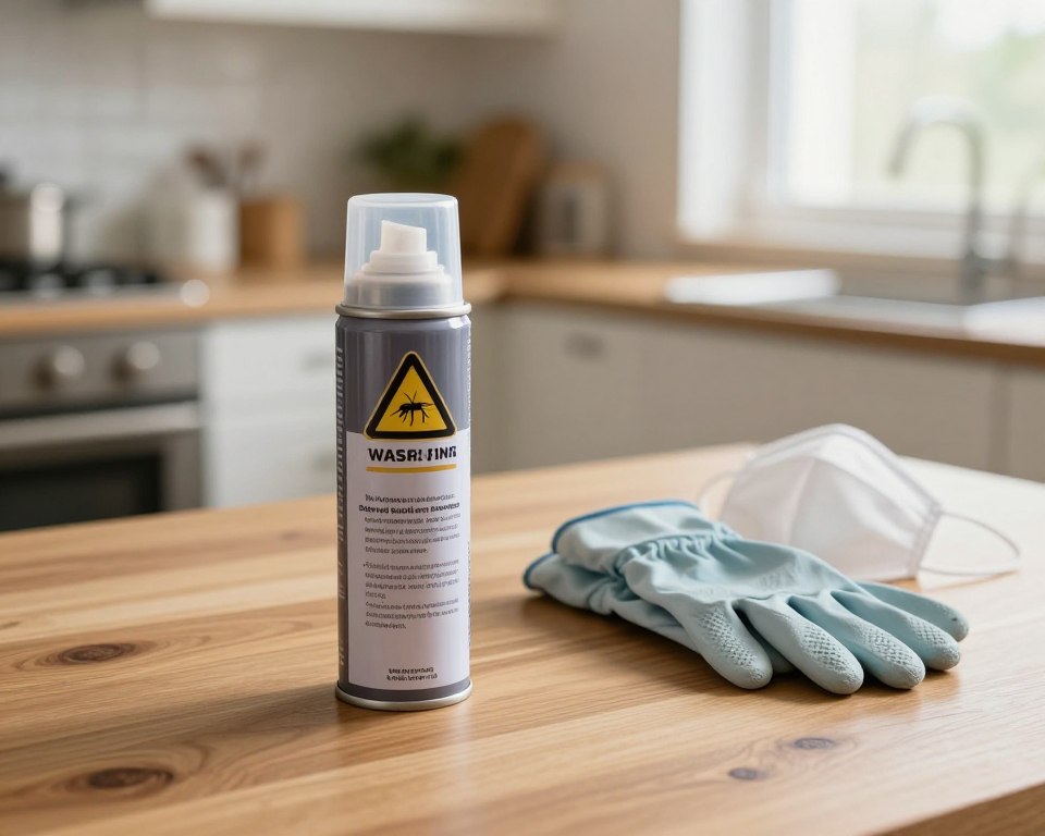 A close-up view of a can of wasp spray on a clean, wooden table, with a blurred background featuring a cozy, well-lit kitchen. The can's label is prominently displayed, showcasing a warning symbol to indicate toxicity. To the side, a pair of protective gloves and a face mask are positioned, emphasizing safety. Soft natural light filters in through a nearby window, creating a warm and inviting atmosphere while contrasting the potential danger of the wasp spray. The angle captures the can from a slightly above perspective, drawing focus to the warning details and safety equipment. The color palette is balanced, with warm tones dominating the kitchen environment, inspiring both caution and daily life coexistence.