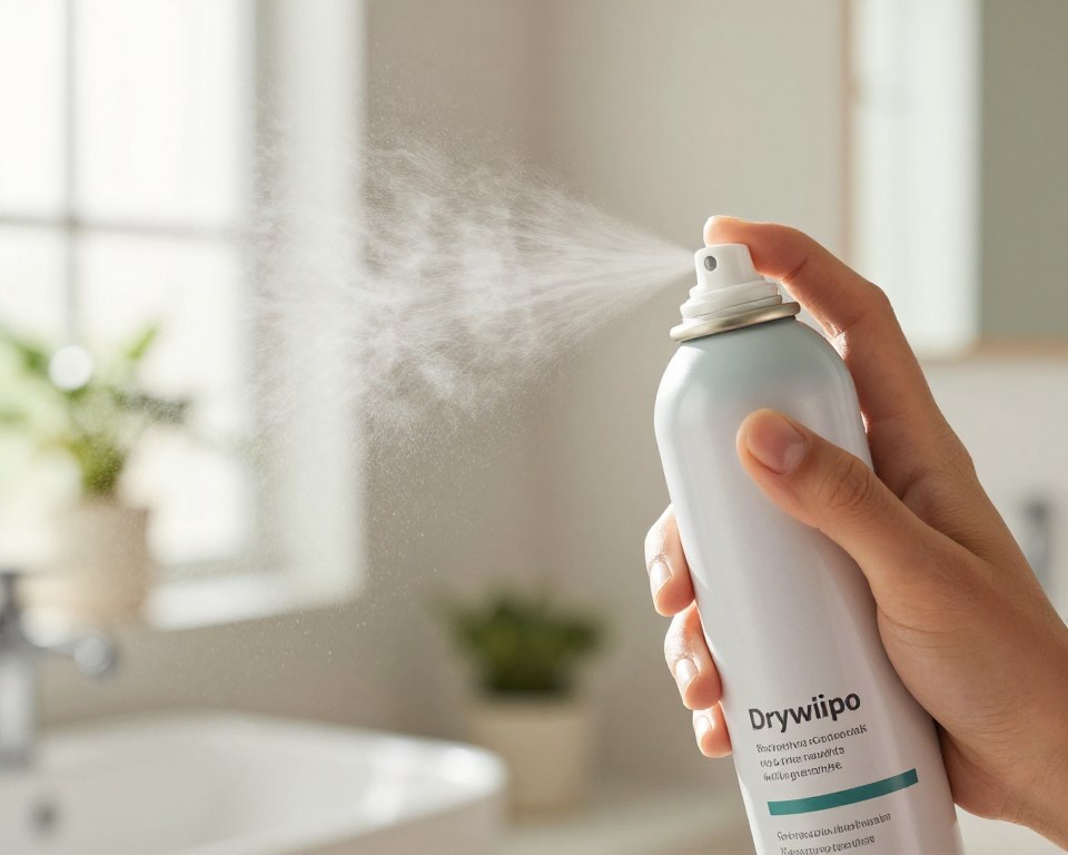A close-up view of a canister of aerosol dry shampoo, designed to look modern and eco-friendly, with a label indicative of non-toxic ingredients. The background features a soft-focus image of a bright, airy bathroom with plants to convey a fresh and healthy environment. In the foreground, fine particles suspended in the air are highlighted as they disperse from the nozzle, demonstrating the concept of inhalation safety. Natural light streams in through a window, creating a warm, inviting atmosphere. The angle should be slightly tilted to give depth, emphasizing both the canister and the particles. The mood is informative yet calming, focusing on the connection between beauty products and lung health.