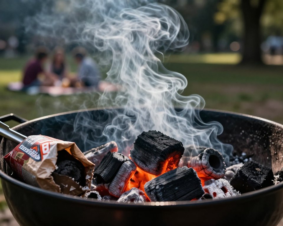 A close-up view of a charcoal grill emitting thick wisps of smoke, capturing the swirling, toxic fumes rising into the air. In the foreground, a half-opened bag of charcoal sits next to a pair of tongs, symbolizing grilling preparations. The middle ground features the grill itself, with red-hot coals glowing and smoke billowing around it, creating an ominous atmosphere. In the background, a blurred park scene is visible, showcasing a group of people enjoying a picnic, unaware of the risks. The lighting is dramatic, with shadows cast by the smoke, suggesting a sense of danger. The overall mood is tense, highlighting the health risks associated with grill smoke exposure without any human subjects present.