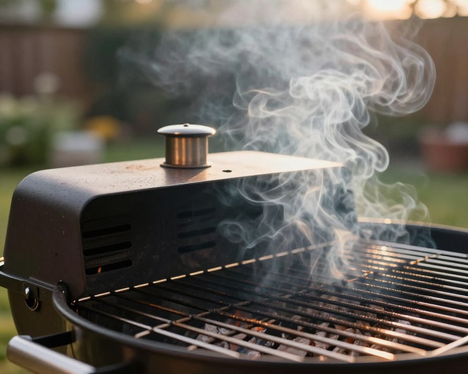A close-up view of a charcoal grill’s ventilation system, featuring a detailed perspective of the air vents and chimney, highlighting how smoke dissipates into the air. In the foreground, the metallic grates of the grill glisten with subtle reflections, capturing ambient light. The middle ground focuses on the ventilation openings, showing swirling smoke escaping in an ethereal manner. In the background, a blurred garden setting is visible, encapsulating a serene outdoor environment. The lighting is warm and natural, reminiscent of a late afternoon, casting soft shadows that create a cozy atmosphere. The overall mood conveys both the beauty and complexity of the grilling process, emphasizing the technical aspects of smoke management.