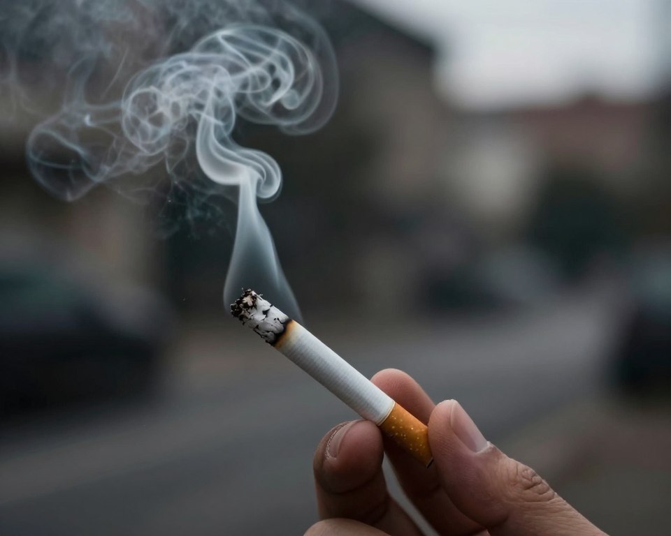 A close-up view of a cigarette held between two fingers, with wisps of smoke curling and swirling into the air, emphasizing the toxic nature of cigarette smoke. In the foreground, the cigarette is sharply focused, showcasing its burning tip and ash, while the smoke gradually becomes more ethereal and diffuse. In the middle ground, subtle dark shadows hint at harmful particles dispersing in the air, symbolizing the health risks associated with smoking. The background features a soft, blurred urban landscape with a muted color palette, creating an atmosphere of somber reality. The lighting is dim with a moody, dramatic effect, highlighting the contrast between the clarity of the cigarette and the obscured background, evoking a sense of danger and caution regarding cigarette smoke exposure.