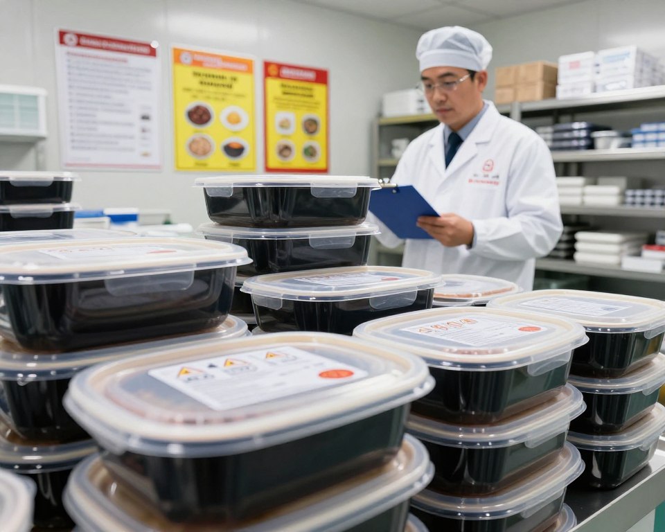 A close-up view of a clean, organized food packaging facility with a focus on various hot food containers labeled with safety compliance symbols. In the foreground, shiny, stackable plastic food containers with tightly sealed lids, displaying temperature safety indicators. The middle layer features a food safety inspector in professional attire, examining the containers with a clipboard, ensuring adherence to regulatory standards. Background elements include colorful safety posters about food contact materials on the walls and shelves stocked with approved packaging materials. Soft, bright overhead lighting enhances the cleanliness of the environment, creating a professional atmosphere, while the angle suggests a slightly elevated perspective to capture all elements cohesively.