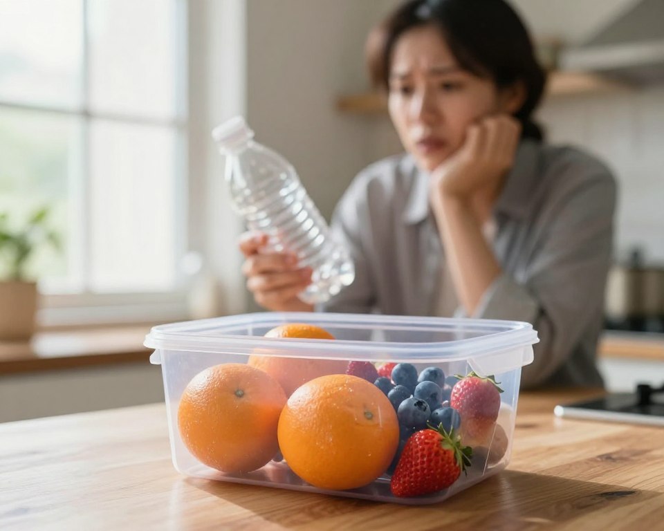 A close-up view of a clear, BPA-free plastic container filled with fresh fruits, placed on a wooden kitchen countertop. In the foreground, the container shows vibrant oranges, strawberries, and blueberries, emphasizing the idea of safety and health. In the middle background, a soft-focus image of a concerned individual in professional attire examines the container, showcasing a thoughtful expression about plastic safety. Natural light floods the scene from a large window, creating a warm and inviting atmosphere. The depth of field is shallow, drawing attention to the container while softly blurring the background. The color palette features bright, fresh tones, reflecting the topic of BPA-free plastics and their implications for health.
