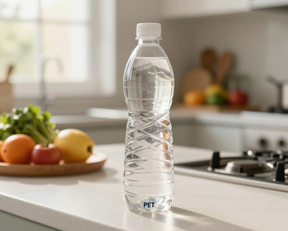 A close-up view of a clear PET plastic bottle sitting on a kitchen countertop, showcasing its texture and clarity, suggesting safety for daily use. In the foreground, the bottle is gracefully angled to display a small label reading "PET," emphasizing transparency. The middle ground features a soft-focus background of a clean, well-lit kitchen space with fresh fruits and vegetables, highlighting health and wellness. Natural sunlight filters through a nearby window, casting warm, inviting light that enhances the bottle's contours. The overall mood is calm and reassuring, evoking a sense of everyday safety and practicality associated with PET plastic in daily life, while maintaining a professional aesthetic throughout. A close-up view of a clear PET plastic bottle sitting on a kitchen countertop, showcasing its texture and clarity, suggesting safety for daily use. In the foreground, the bottle is gracefully angled to display a small label reading "PET," emphasizing transparency. The middle ground features a soft-focus background of a clean, well-lit kitchen space with fresh fruits and vegetables, highlighting health and wellness. Natural sunlight filters through a nearby window, casting warm, inviting light that enhances the bottle's contours. The overall mood is calm and reassuring, evoking a sense of everyday safety and practicality associated with PET plastic in daily life, while maintaining a professional aesthetic throughout.