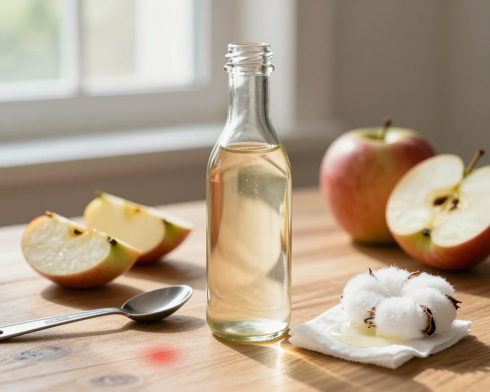 A close-up view of a clear glass bottle of apple cider vinegar sitting on a wooden table, surrounded by small slices of fresh apples, alongside a measuring spoon and a cotton pad drenched in vinegar. In the background, soft natural light filters through a window, casting gentle shadows that create a warm and inviting atmosphere. The tone should evoke a sense of caution and curiosity, highlighting the potential risks depicted by contrasting elements, such as a small skin irritation illustration on the tabletop. The focus is sharp on the vinegar bottle with a slight bokeh effect in the background, adding depth. The scene should feel serene yet informative, perfect for conveying dermatological concerns surrounding apple cider vinegar as a facial toner.