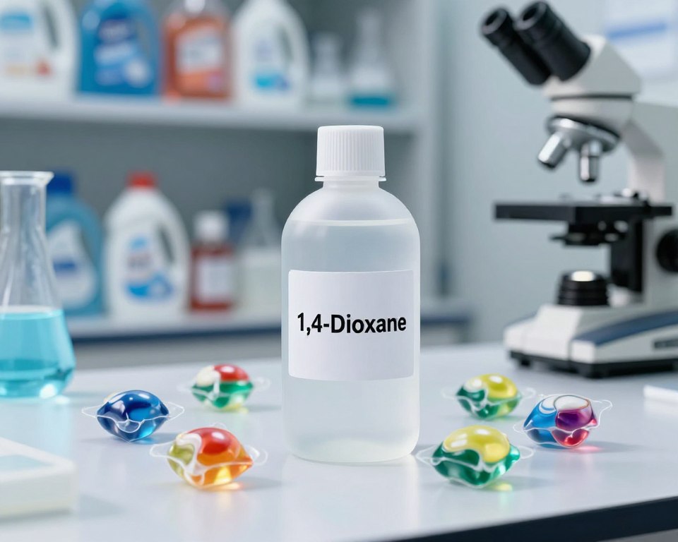 A close-up view of a clear laboratory bottle labeled "1,4-Dioxane" on a sterile, white lab table, surrounded by vibrant laundry detergent pods in various colors. In the background, blurred shelves filled with common laundry detergent brands create a sense of urgency regarding contamination. The lighting is bright and clinical, casting soft shadows that emphasize the clarity of the bottle. A microscope and lab equipment hint at scientific testing, showcasing the concern for safety. The atmosphere is serious and contemplative, inviting viewers to consider the implications of chemical contamination in daily products. The angle is straight-on, focusing on the interaction between the bottle and detergent pods to symbolize the hidden dangers within common household items.