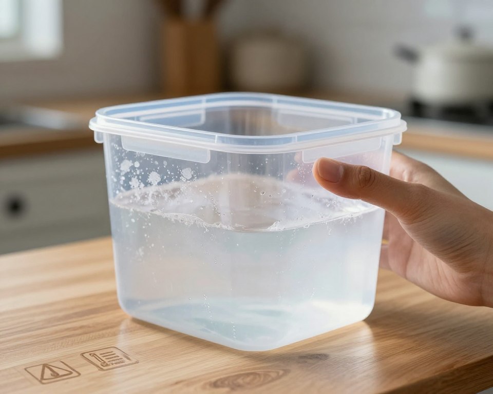 A close-up view of a clear plastic container filled with frozen liquids, exhibiting frost and ice crystals on the exterior. The foreground features a hand gently holding the container, emphasizing safety considerations with a careful grip. In the middle ground, a wooden kitchen countertop provides warmth, adorned with a few safety icons subtly illustrated – a thermometer, a warning sign, and a checklist, representing safety guidelines. The background is softly blurred, showcasing a well-lit kitchen setting with cool tones, conveying a sense of caution yet professionalism. A soft light casts a gentle glow on the container, highlighting condensation and ensuring a clean and informative atmosphere. The composition strives to evoke awareness about the safety of freezing liquids in plastic, while maintaining a serene and orderly feeling throughout the scene.
