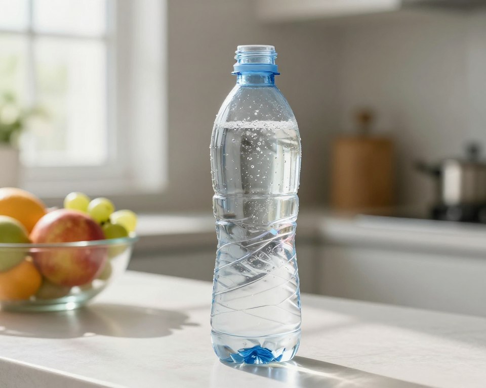 A close-up view of a clear plastic water bottle showing condensation on the outside, partially filled with fresh water. The bottle is slightly tilted to reveal potential chemical leaching, depicted as subtle wisps of color emanating from the plastic. In the background, a blurred image of a kitchen countertop with a healthy fruit bowl to indicate a clean, healthy environment. Natural daylight streams in from a nearby window, casting soft shadows that create a serene yet scientifically curious atmosphere. Lens focus is sharp on the bottle, with a bokeh effect in the background, evoking a sense of inquiry into the safety of our drinking water. No people, only the bottle as the main subject.