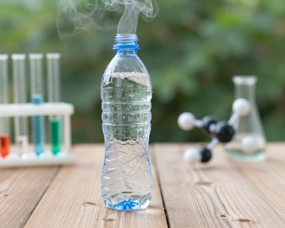A close-up view of a clear plastic water bottle sitting on a slightly rustic wooden table, with condensation on its surface. The bottle is partially filled with water, and wisps of vapors are rising from its opening, symbolizing chemicals leaching into the liquid. In the middle ground, scientific elements like test tubes and molecular structures subtly blend into the scene, emphasizing the chemical aspect of leaching. The background features soft-focus greenery, suggesting an outdoor environment, bathed in soft, natural light that creates an atmosphere of curiosity and concern. The angle is slightly tilted, providing a dynamic perspective, while a faint hue underscores the tension between nature and plastic. The overall mood is thought-provoking, with a hint of science fiction.