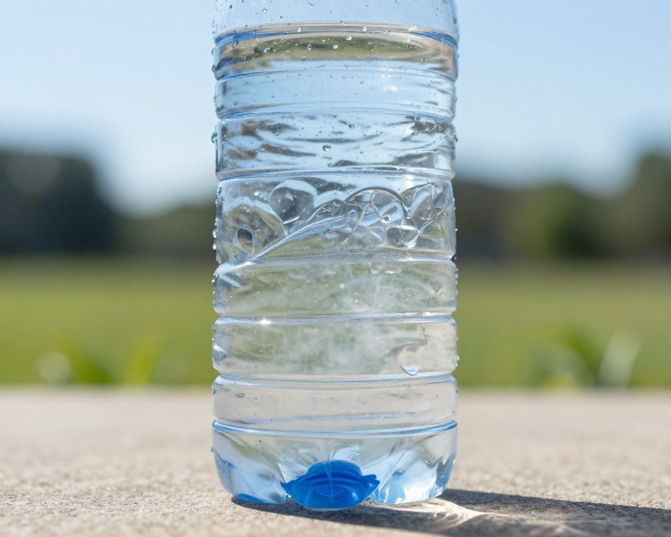 A close-up view of a clear plastic water bottle sitting on a sunlit outdoor surface, showing visible signs of leaching. The bottle is slightly crinkled, with droplets of condensation on its surface, indicating heat exposure. Inside the bottle, a faint haze of chemicals can be seen swirling at the bottom, reflecting light. The background features a blurred green landscape under a bright blue sky, emphasizing the summer heat. Soft, diffused sunlight illuminates the scene, casting gentle shadows that enhance the texture of the bottle. The overall mood conveys caution and concern about plastic integrity, inviting viewers to reflect on the effects of heat and sunlight on materials.