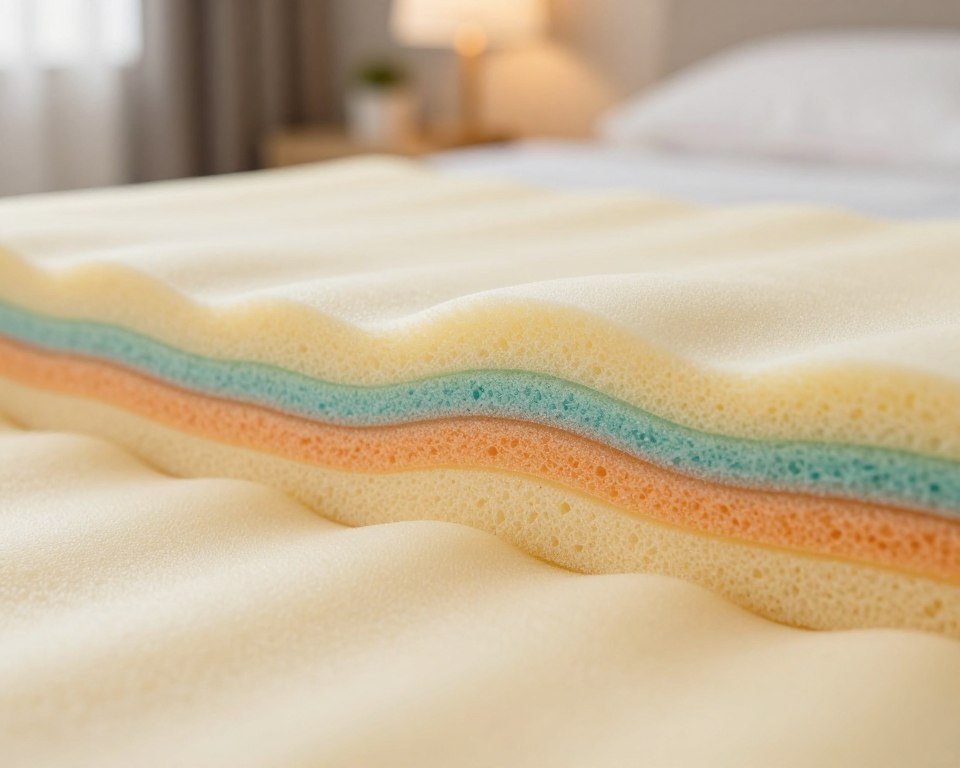 A close-up view of a cross-section of a memory foam mattress, focusing on layers of polyurethane foam, showcasing its dense, curving structure. In the foreground, vibrant colors illustrate the soft, supportive texture of memory foam with its characteristic indentation. The middle section displays a detailed interaction between various foam layers, emphasizing the differences in density and firmness. The background is softly blurred, hinting at a comfortable bedroom setting with soft ambient lighting that creates a warm and inviting atmosphere. Use a macro lens to capture intricate textures and highlight the cushioning effect of the foam. The overall mood is serene and educational, perfect for illustrating the materials used in mattress manufacturing. A close-up view of a cross-section of a memory foam mattress, focusing on layers of polyurethane foam, showcasing its dense, curving structure. In the foreground, vibrant colors illustrate the soft, supportive texture of memory foam with its characteristic indentation. The middle section displays a detailed interaction between various foam layers, emphasizing the differences in density and firmness. The background is softly blurred, hinting at a comfortable bedroom setting with soft ambient lighting that creates a warm and inviting atmosphere. Use a macro lens to capture intricate textures and highlight the cushioning effect of the foam. The overall mood is serene and educational, perfect for illustrating the materials used in mattress manufacturing.