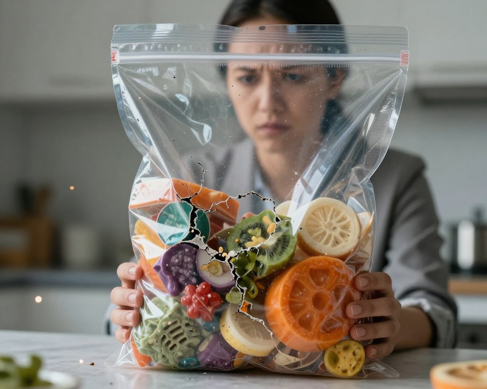 A close-up view of a disassembled plastic food package, revealing colorful food items inside while showing signs of aging and degradation, such as cracks and discoloration, to represent plastic packaging toxicity. In the foreground, include floating microscopic particles resembling harmful chemicals like BPA and phthalates, subtly illuminated to indicate their presence. The middle ground should feature a blurred image of a concerned person in professional attire, observing the packaging with a furrowed brow, highlighting the emotional impact of long-term exposure to these materials. The background should be a softly lit kitchen setting, conveying an unsettling atmosphere of safety versus danger. Use soft, diffused lighting to create shadows and emphasize the toxic elements, while maintaining a clinical yet thought-provoking mood. A close-up view of a disassembled plastic food package, revealing colorful food items inside while showing signs of aging and degradation, such as cracks and discoloration, to represent plastic packaging toxicity. In the foreground, include floating microscopic particles resembling harmful chemicals like BPA and phthalates, subtly illuminated to indicate their presence. The middle ground should feature a blurred image of a concerned person in professional attire, observing the packaging with a furrowed brow, highlighting the emotional impact of long-term exposure to these materials. The background should be a softly lit kitchen setting, conveying an unsettling atmosphere of safety versus danger. Use soft, diffused lighting to create shadows and emphasize the toxic elements, while maintaining a clinical yet thought-provoking mood.