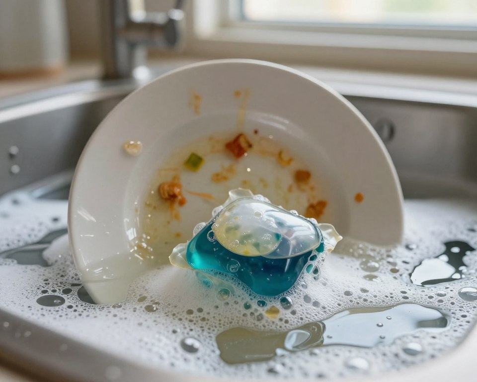 A close-up view of a dish, partially submerged in a murky sink filled with soapy water, showcasing visible residues of dishwasher pod remnants clinging to the plate. The foreground captures the glistening soap bubbles with hints of blue and white, hinting at chemical toxicity. In the middle ground, the dish stands out with colorful food stains and a glistening, wet surface. The background offers a blurred kitchen setting, softly lit with natural daylight streaming through a window, casting gentle reflections on the water's surface. The overall atmosphere is tense and slightly unsettling, emphasizing the potential dangers of unseen residues on seemingly clean dishes. The composition is sharp-focused in the foreground, with a slight depth of field. A close-up view of a dish, partially submerged in a murky sink filled with soapy water, showcasing visible residues of dishwasher pod remnants clinging to the plate. The foreground captures the glistening soap bubbles with hints of blue and white, hinting at chemical toxicity. In the middle ground, the dish stands out with colorful food stains and a glistening, wet surface. The background offers a blurred kitchen setting, softly lit with natural daylight streaming through a window, casting gentle reflections on the water's surface. The overall atmosphere is tense and slightly unsettling, emphasizing the potential dangers of unseen residues on seemingly clean dishes. The composition is sharp-focused in the foreground, with a slight depth of field.