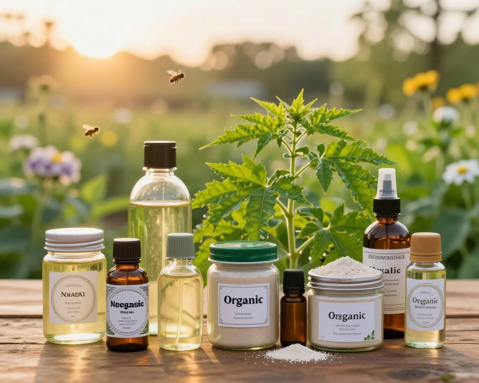 A close-up view of a diverse array of organic pesticide ingredients displayed on a rustic wooden table. In the foreground, jars filled with various natural substances like neem oil, diatomaceous earth, and essential oil bottles are beautifully arranged, showcasing labels with intricate designs. The middle ground features a vibrant green plant, partially treated with organic pesticides, highlighting the connection to natural farming. In the background, a soft-focus garden landscape bathed in golden hour sunlight conveys a sense of growth and sustainability, with bees buzzing among blooming flowers. The overall mood should be serene and optimistic, emphasizing the health-conscious choice of organic farming. Use warm, natural lighting to create a welcoming atmosphere, captured with a shallow depth of field to draw focus on the foreground elements.