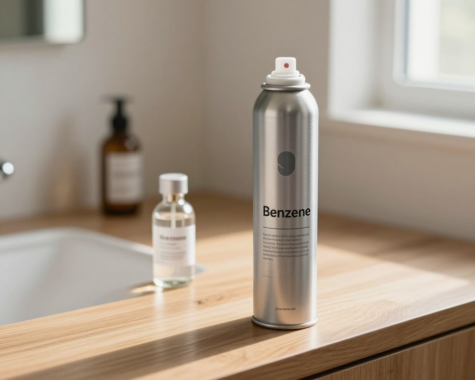 A close-up view of a dry shampoo aerosol canister placed on a sleek, wooden bathroom countertop, emphasizing its modern design and functional features. In the foreground, the canister should be slightly angled, showcasing the label while the light catches the reflective surface, creating a soft glow. In the middle background, a clear glass vial labeled with "Benzene" sits beside it, symbolizing the risks involved, with a subtle shadow cast to evoke a sense of caution. The overall lighting is bright and inviting, with natural light streaming in from a nearby window, enhancing the gentle atmosphere. The background is blurred, suggesting a tidy bathroom environment, ensuring the focus remains on the dry shampoo and the topic of safety.