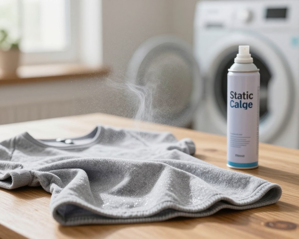 A close-up view of a fabric clothing item, like a sweater or dress, sitting on a wooden table, with a can of static cling spray prominently placed beside it. The cloth has a slight shimmer indicating the effects of static, with wisps of fabric gently rising as if affected by static electricity. The background features a softly blurred laundry room setting with gentle natural light filtering through a window, creating a warm and inviting atmosphere. The focus should be on the clothing and spray, capturing details like texture and sheen, using a shallow depth of field to draw attention to the subject. The overall mood is calm and informative, highlighting the concept of static cling and its treatment. A close-up view of a fabric clothing item, like a sweater or dress, sitting on a wooden table, with a can of static cling spray prominently placed beside it. The cloth has a slight shimmer indicating the effects of static, with wisps of fabric gently rising as if affected by static electricity. The background features a softly blurred laundry room setting with gentle natural light filtering through a window, creating a warm and inviting atmosphere. The focus should be on the clothing and spray, capturing details like texture and sheen, using a shallow depth of field to draw attention to the subject. The overall mood is calm and informative, highlighting the concept of static cling and its treatment.
