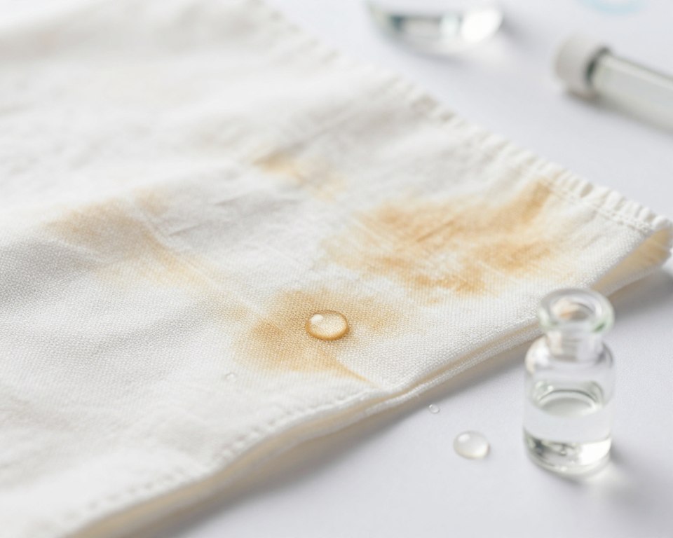 A close-up view of a fabric swatch with visible bleached spots caused by benzoyl peroxide. The fabric, a soft cotton blend, has intricate patterns that highlight the contrasting areas where the bleach has lightened the color. In the foreground, droplets of benzoyl peroxide in a small glass container sit beside the fabric, reflecting soft light against a white backdrop. The middle ground captures the texture of the fabric, emphasizing the weave and the effects of the bleaching process. In the background, a blurred laboratory setting suggests a scientific environment with subtle hints of equipment, like beakers and test tubes. The lighting is bright and clean, creating a clinical yet informative atmosphere, perfect for illustrating the chemical interaction of benzoyl peroxide with fabrics.