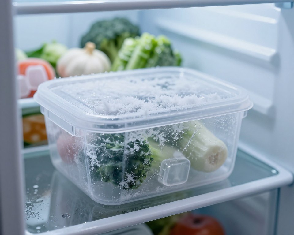 A close-up view of a frozen plastic container in a refrigerator, showcasing frost crystals forming on the surface, highlighting the risks of chemical leaching. In the foreground, focus on the sharp edges and transparency of the plastic, allowing light to refract around it. The middle ground features condensation droplets on the glass door of the freezer, enhancing the chilly atmosphere. In the background, a blurred assortment of common frozen items like vegetables and ice cubes reinforce the frozen environment. Use cool lighting to evoke a cold and scientific atmosphere, with a slight blue tint to suggest the harshness of freezing temperatures. The overall mood should be one of caution and concern about the potential hazards of freezing plastics.